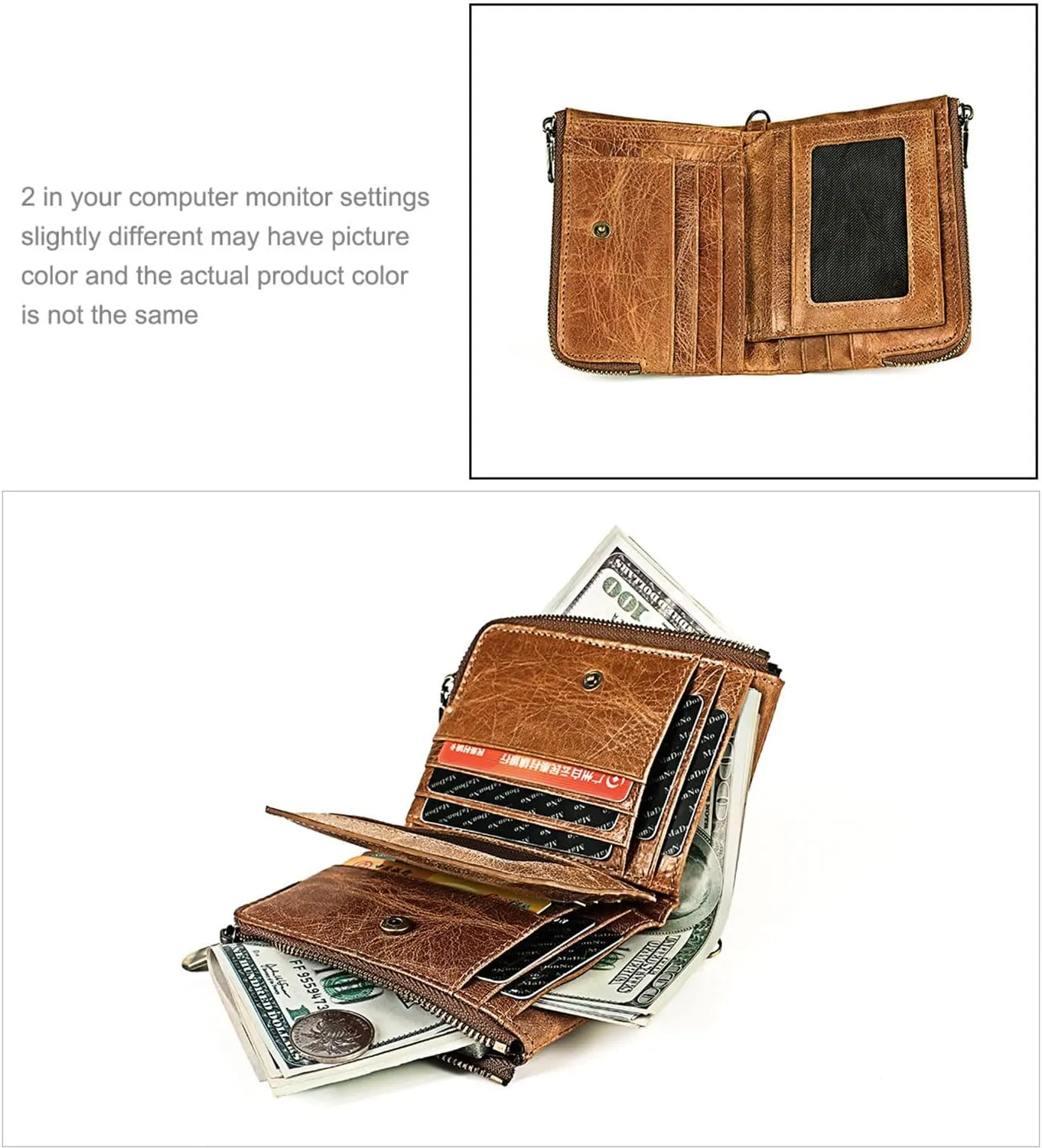 small womens wallet Leathear Chain Compact Card Holder Zipper Pocket Wallet RFID Blocking Card Case Purse with ID Window(brown5)
