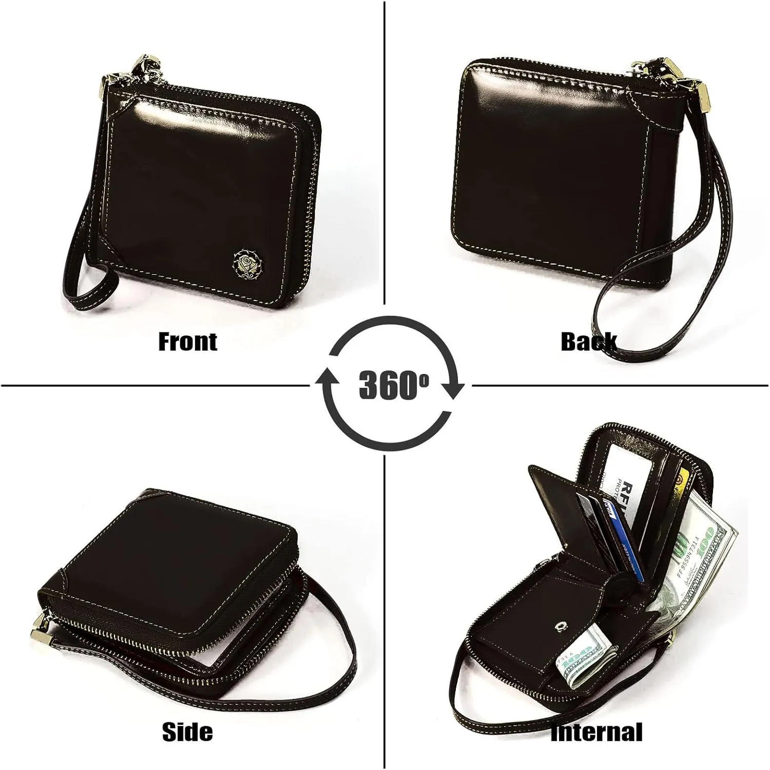 Small Zip Around Wallet for Women,Genuine Leather RFID Blocking Wristlet Clutch Luxurious Credit Card Holder (Small, Black)
