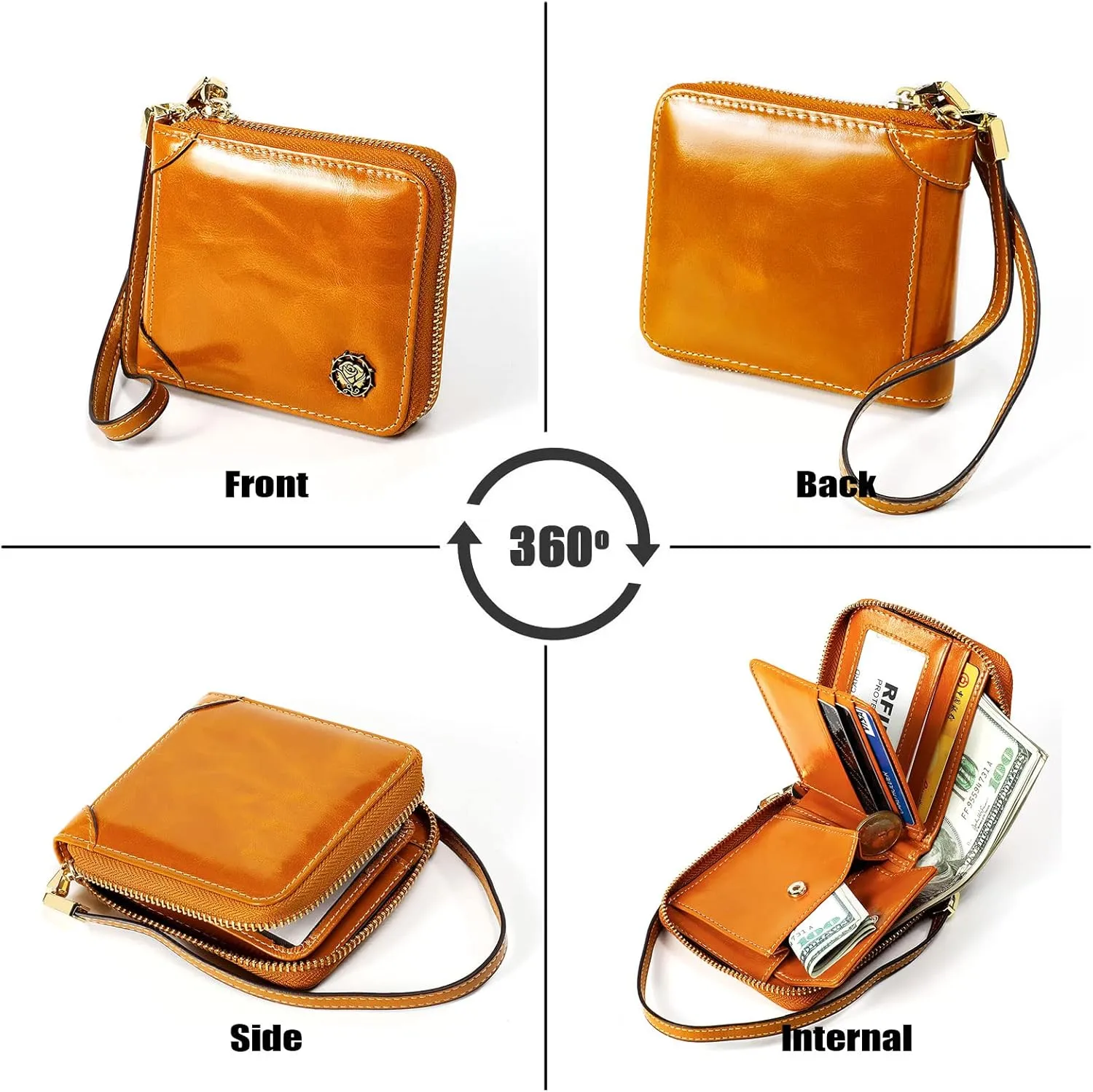 Small Zip Around Wallet for Women,Genuine Leather RFID Blocking Wristlet Clutch Luxurious Credit Card Holder (Small, Orange)