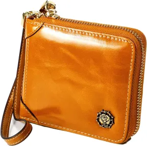 Small Zip Around Wallet for Women,Genuine Leather RFID Blocking Wristlet Clutch Luxurious Credit Card Holder (Small, Orange)