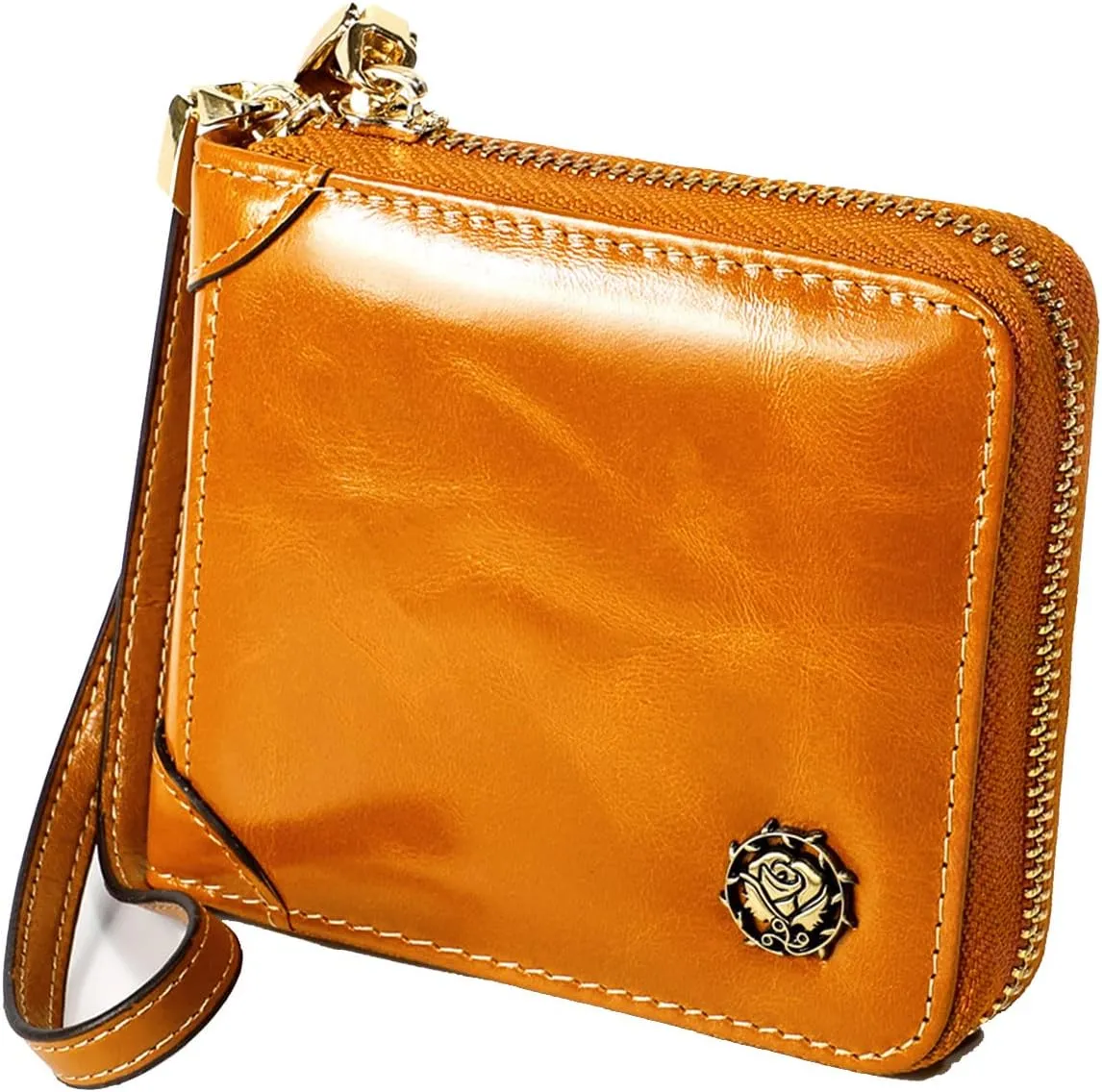 Small Zip Around Wallet for Women,Genuine Leather RFID Blocking Wristlet Clutch Luxurious Credit Card Holder (Small, Orange)
