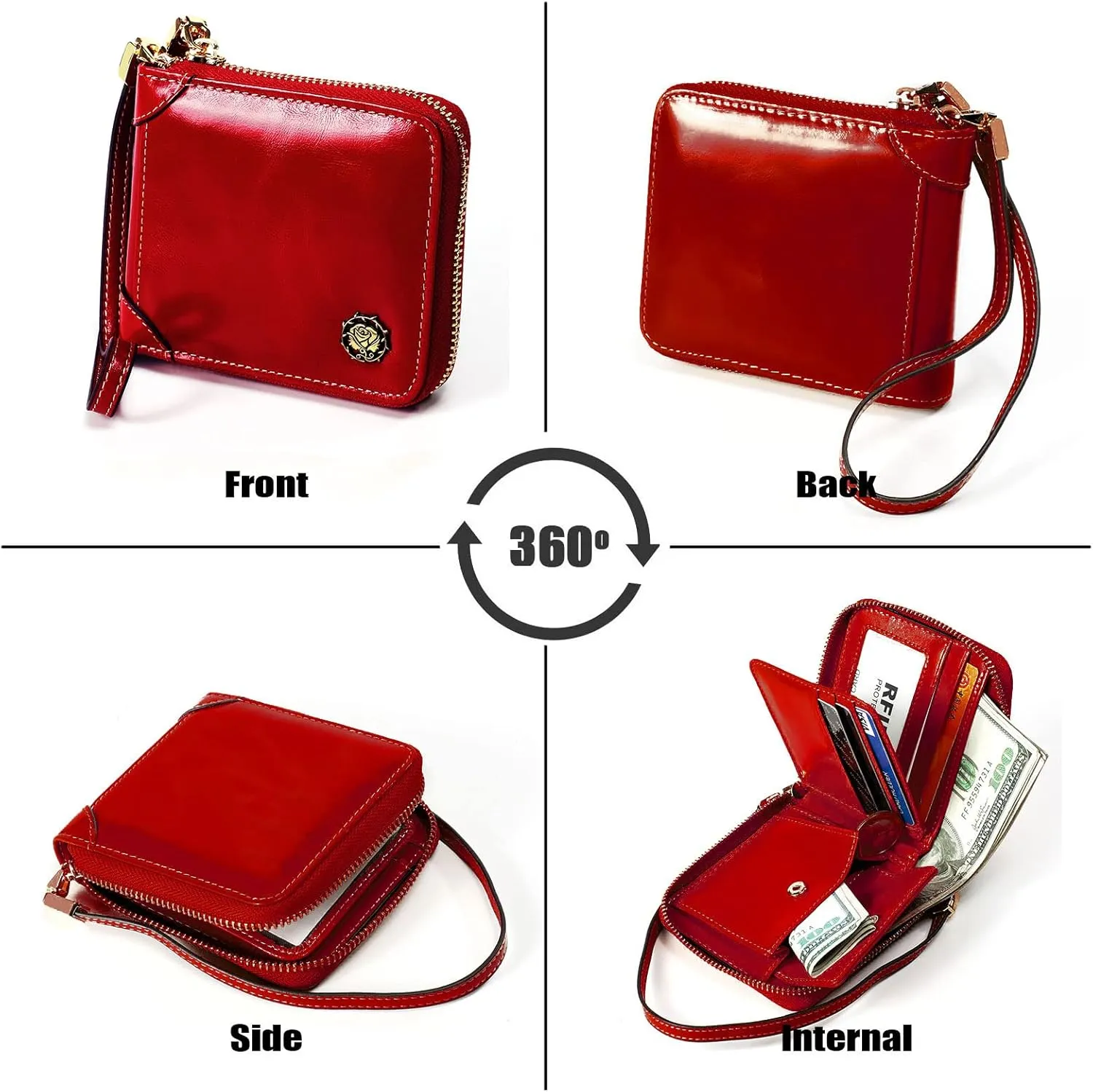 Small Zip Around Wallet for Women,Genuine Leather RFID Blocking Wristlet Clutch Luxurious Credit Card Holder (Small, Red) (WL-008)