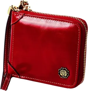 Small Zip Around Wallet for Women,Genuine Leather RFID Blocking Wristlet Clutch Luxurious Credit Card Holder (Small, Red) (WL-008)