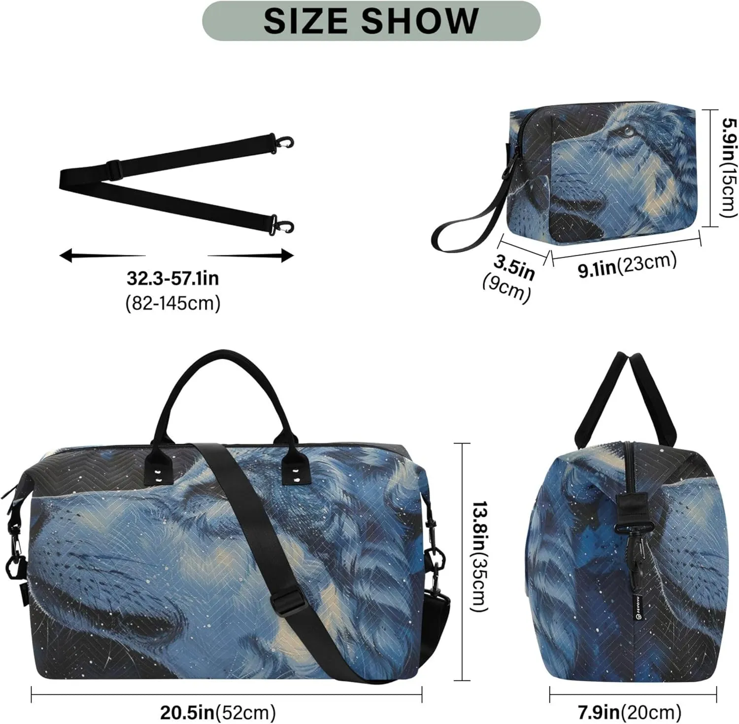 Starry Wolf Animal Duffel Bags Travel Toiletry Pouches Set of 2, Print Women Small Gym Bag Weekender Bags