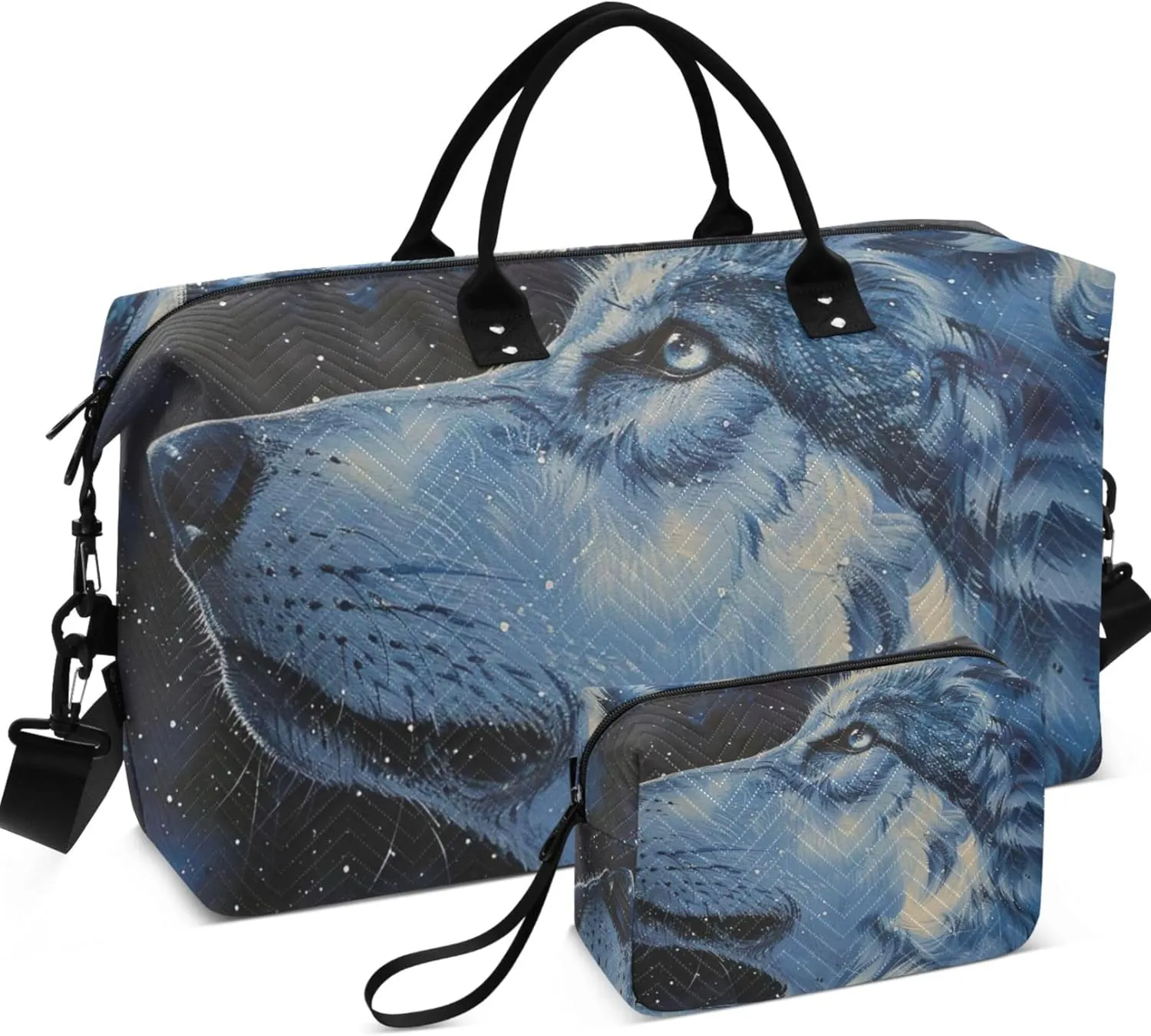 Starry Wolf Animal Duffel Bags Travel Toiletry Pouches Set of 2, Print Women Small Gym Bag Weekender Bags