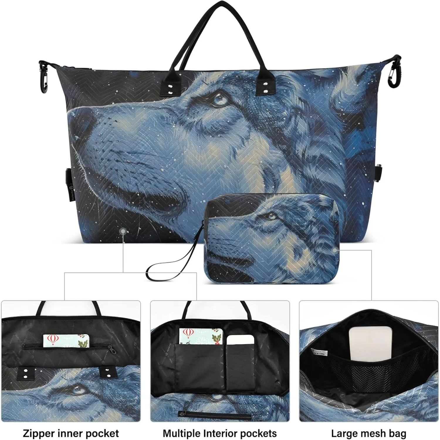 Starry Wolf Animal Duffel Bags Travel Toiletry Pouches Set of 2, Print Women Small Gym Bag Weekender Bags