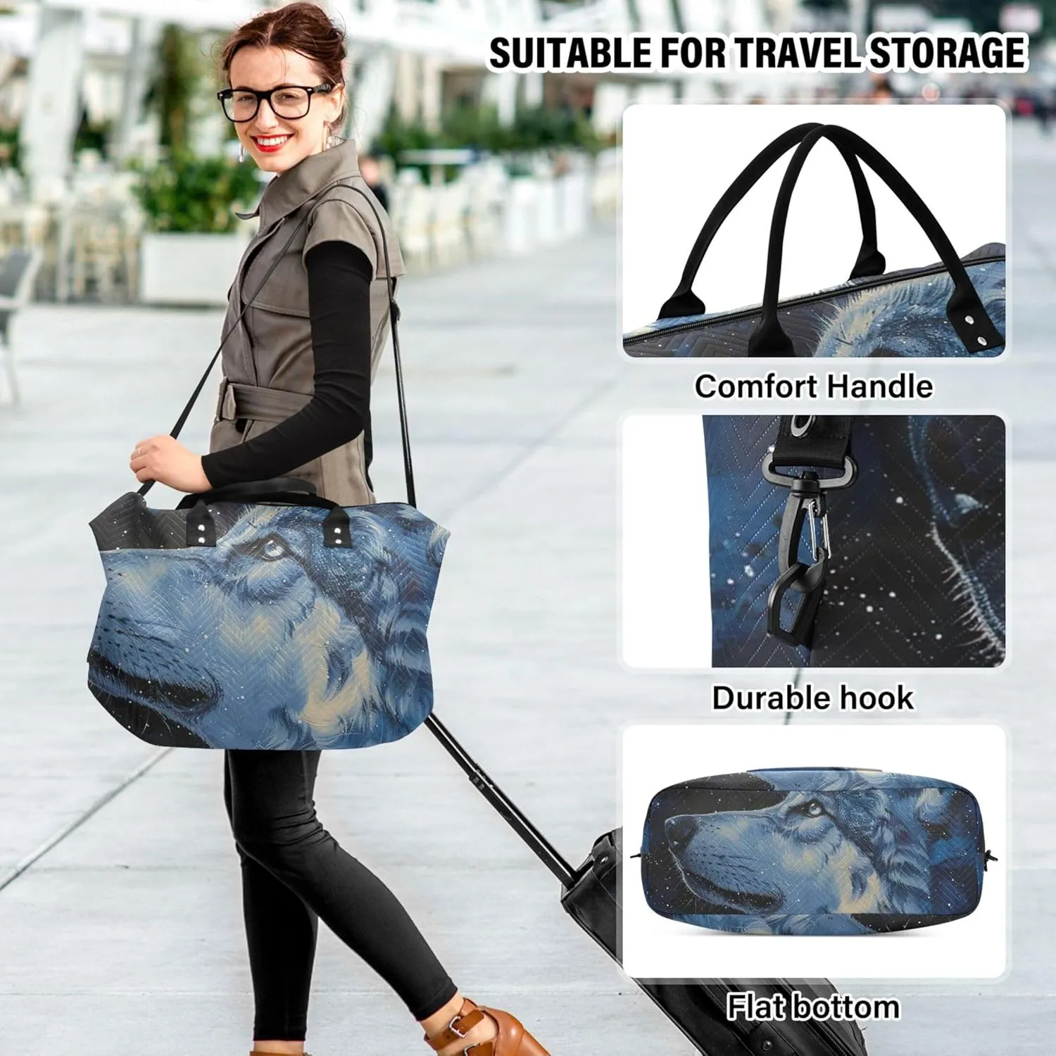 Starry Wolf Animal Duffel Bags Travel Toiletry Pouches Set of 2, Print Women Small Gym Bag Weekender Bags