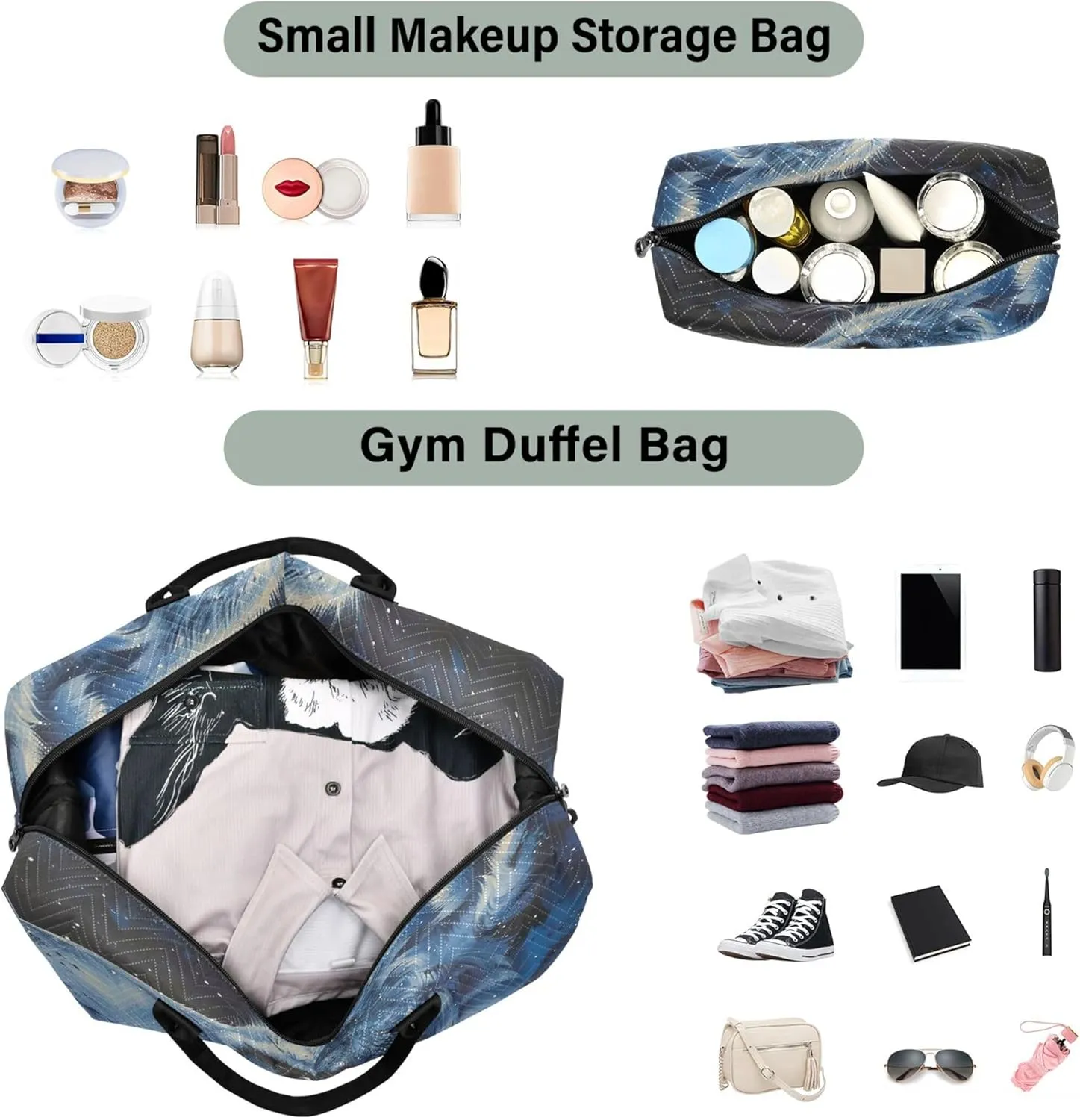 Starry Wolf Animal Duffel Bags Travel Toiletry Pouches Set of 2, Print Women Small Gym Bag Weekender Bags