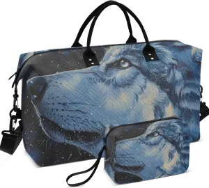 Starry Wolf Animal Duffel Bags Travel Toiletry Pouches Set of 2, Print Women Small Gym Bag Weekender Bags