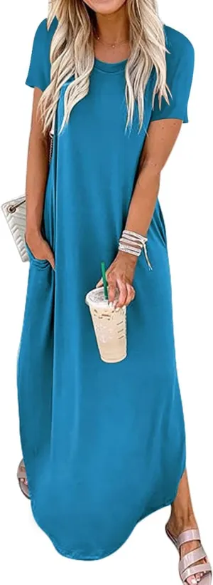 Summer Maxi Dress for Women Short Sleeve Loose Sundress Vacation Beach Dresses 2025 with Pockets