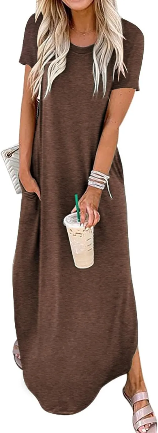 Summer Maxi Dress for Women Short Sleeve Loose Sundress Vacation Beach Dresses 2025 with Pockets
