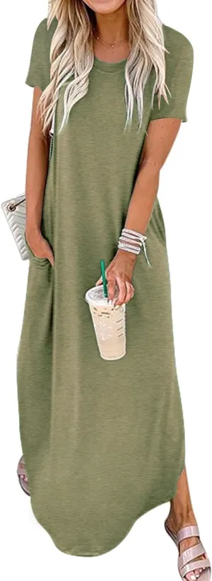 Summer Maxi Dress for Women Short Sleeve Loose Sundress Vacation Beach Dresses 2025 with Pockets