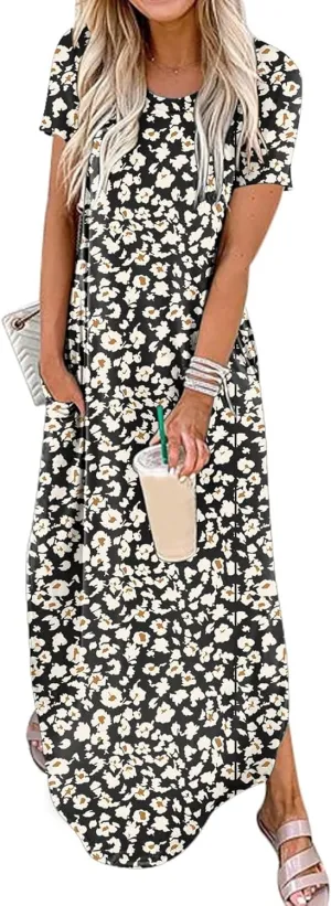 Summer Maxi Dress for Women Short Sleeve Loose Sundress Vacation Beach Dresses 2025 with Pockets
