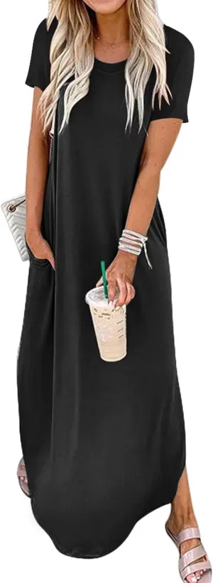 Summer Maxi Dress for Women Short Sleeve Loose Sundress Vacation Beach Dresses 2025 with Pockets