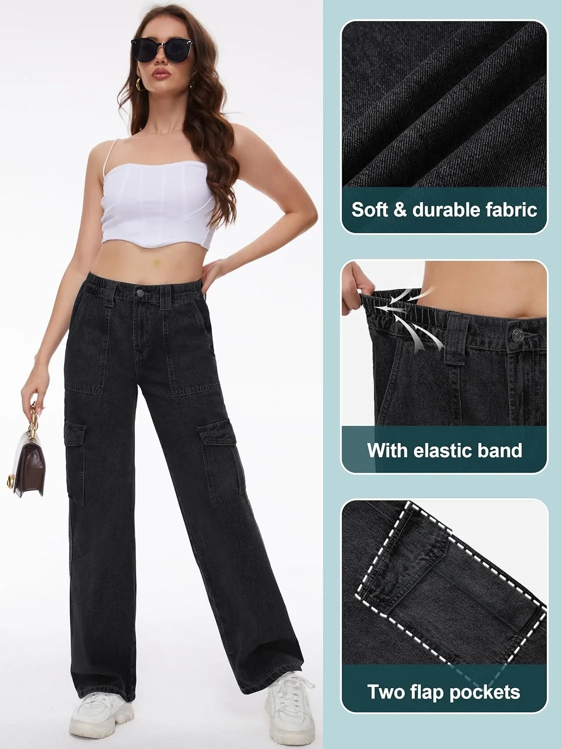 Tapata Women's 26"/28"/30"/32"/34" Cargo Jeans Straight Leg Short Petite Regular Tall Denim Relaxed Y2K Pants