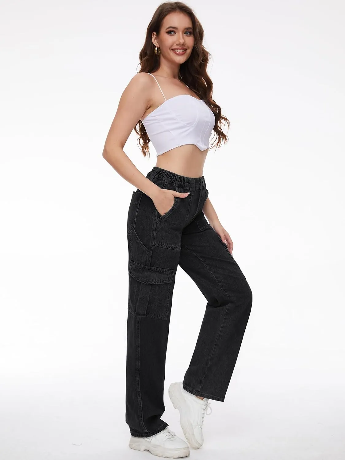 Tapata Women's 26"/28"/30"/32"/34" Cargo Jeans Straight Leg Short Petite Regular Tall Denim Relaxed Y2K Pants