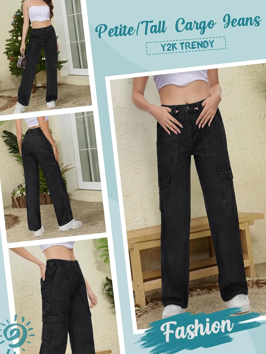 Tapata Women's 26"/28"/30"/32"/34" Cargo Jeans Straight Leg Short Petite Regular Tall Denim Relaxed Y2K Pants