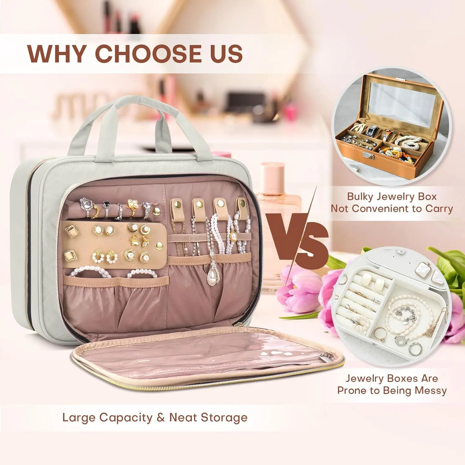 Toiletry Bag for Women with Jewelry Organizer Compartment, Travel Makeup Cosmetic Bag with Hanging Hook for Full-sized Toiletries, Shampoo - Beige