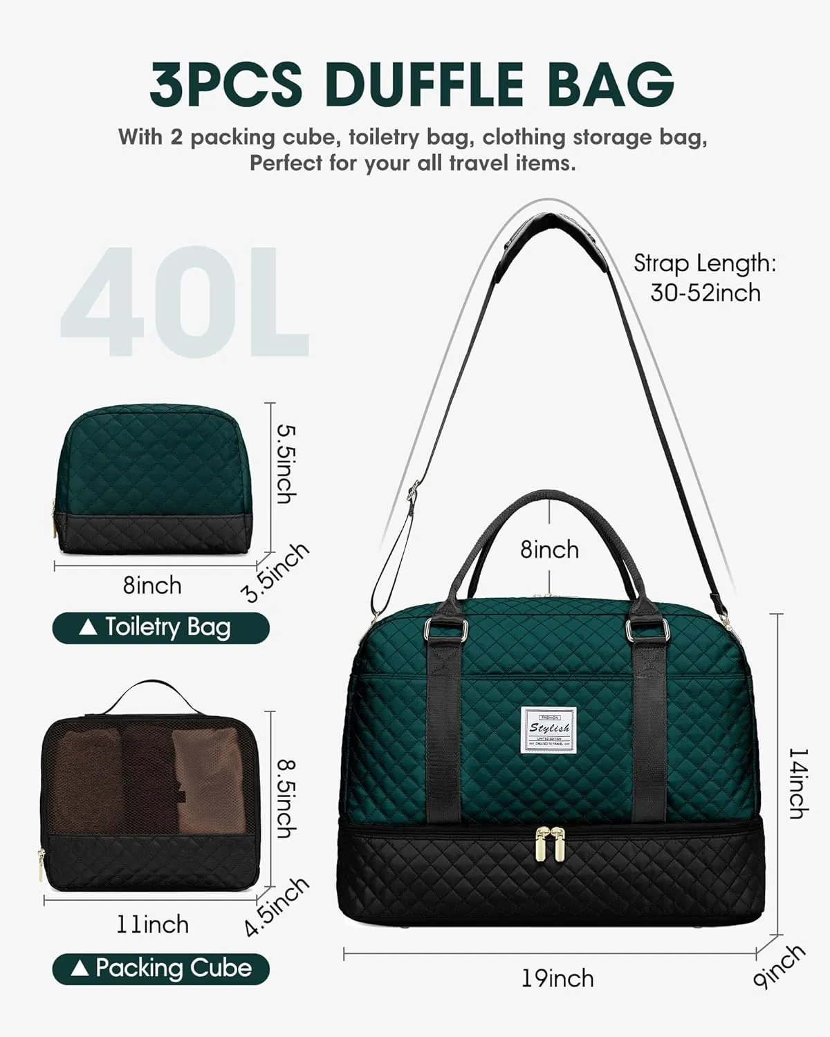 Travel Duffle Bag Weekender Bags: Duffel Bag with Shoe Compartment Carry On Overnight Bag with Wet Pocket Yoga Gym Bags Hospital Bags for Labor and Delivery 3 Pcs Set Black Green