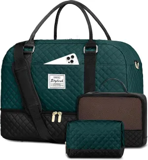 Travel Duffle Bag Weekender Bags: Duffel Bag with Shoe Compartment Carry On Overnight Bag with Wet Pocket Yoga Gym Bags Hospital Bags for Labor and Delivery 3 Pcs Set Black Green