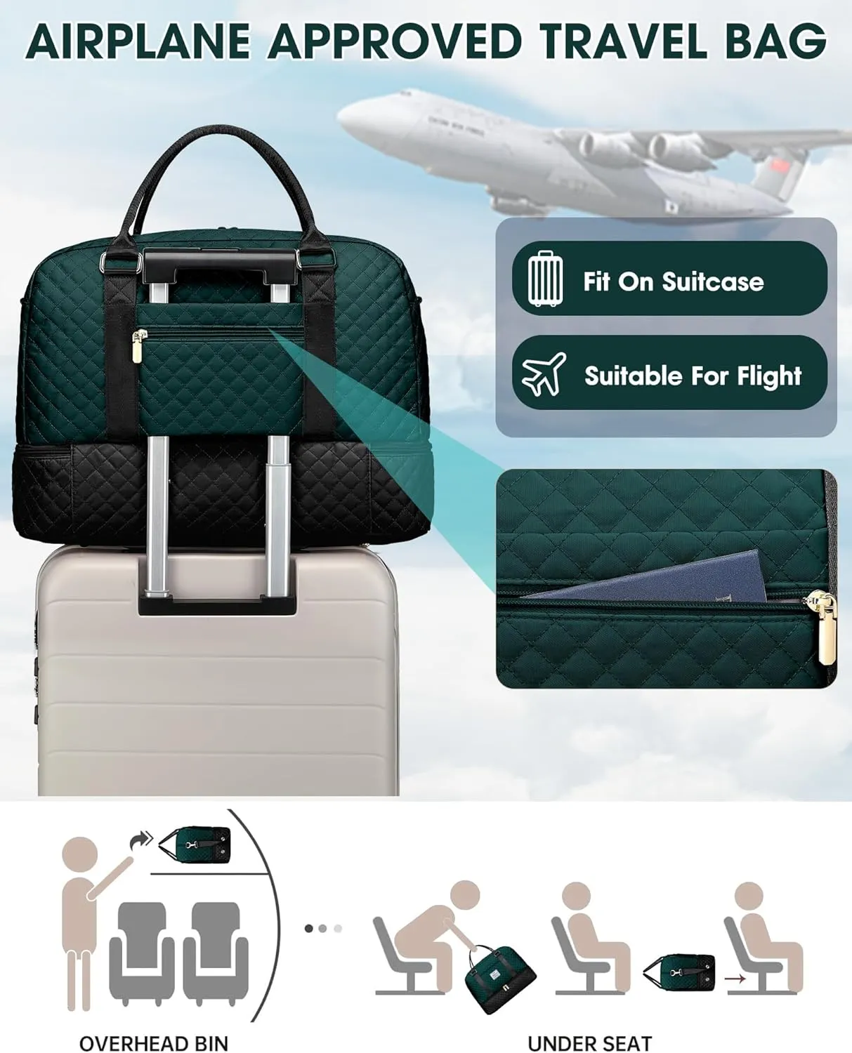Travel Duffle Bag Weekender Bags: Duffel Bag with Shoe Compartment Carry On Overnight Bag with Wet Pocket Yoga Gym Bags Hospital Bags for Labor and Delivery 3 Pcs Set Black Green