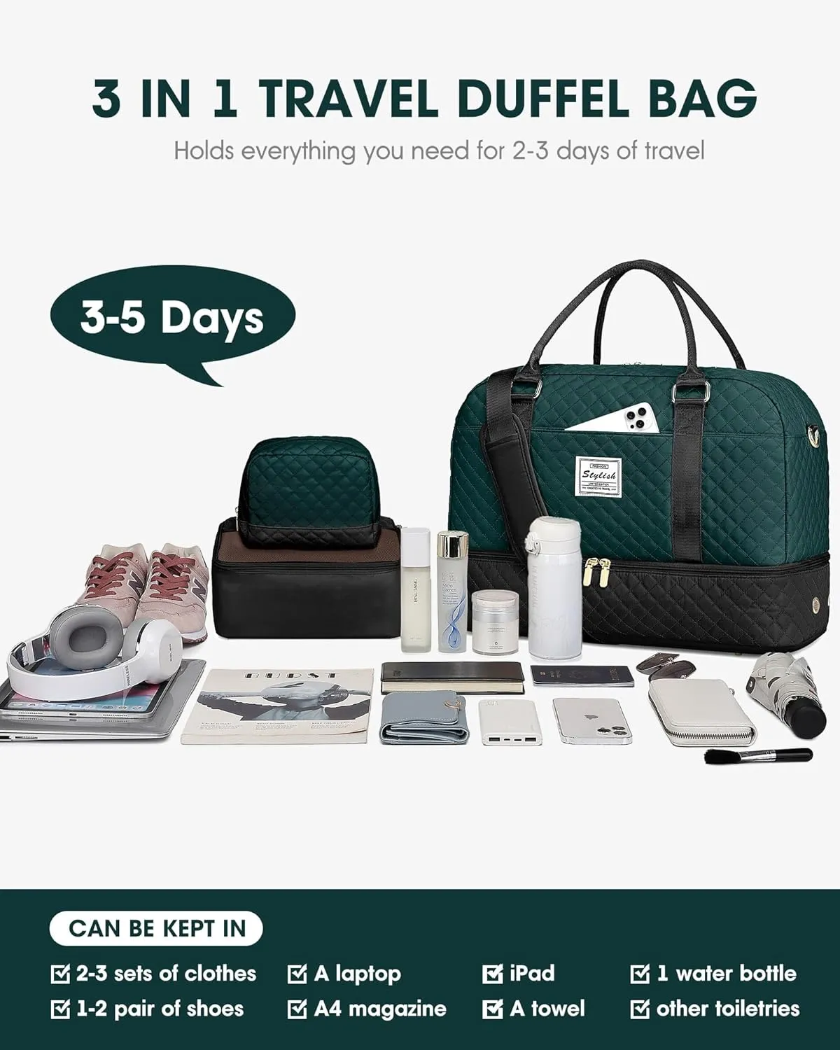 Travel Duffle Bag Weekender Bags: Duffel Bag with Shoe Compartment Carry On Overnight Bag with Wet Pocket Yoga Gym Bags Hospital Bags for Labor and Delivery 3 Pcs Set Black Green