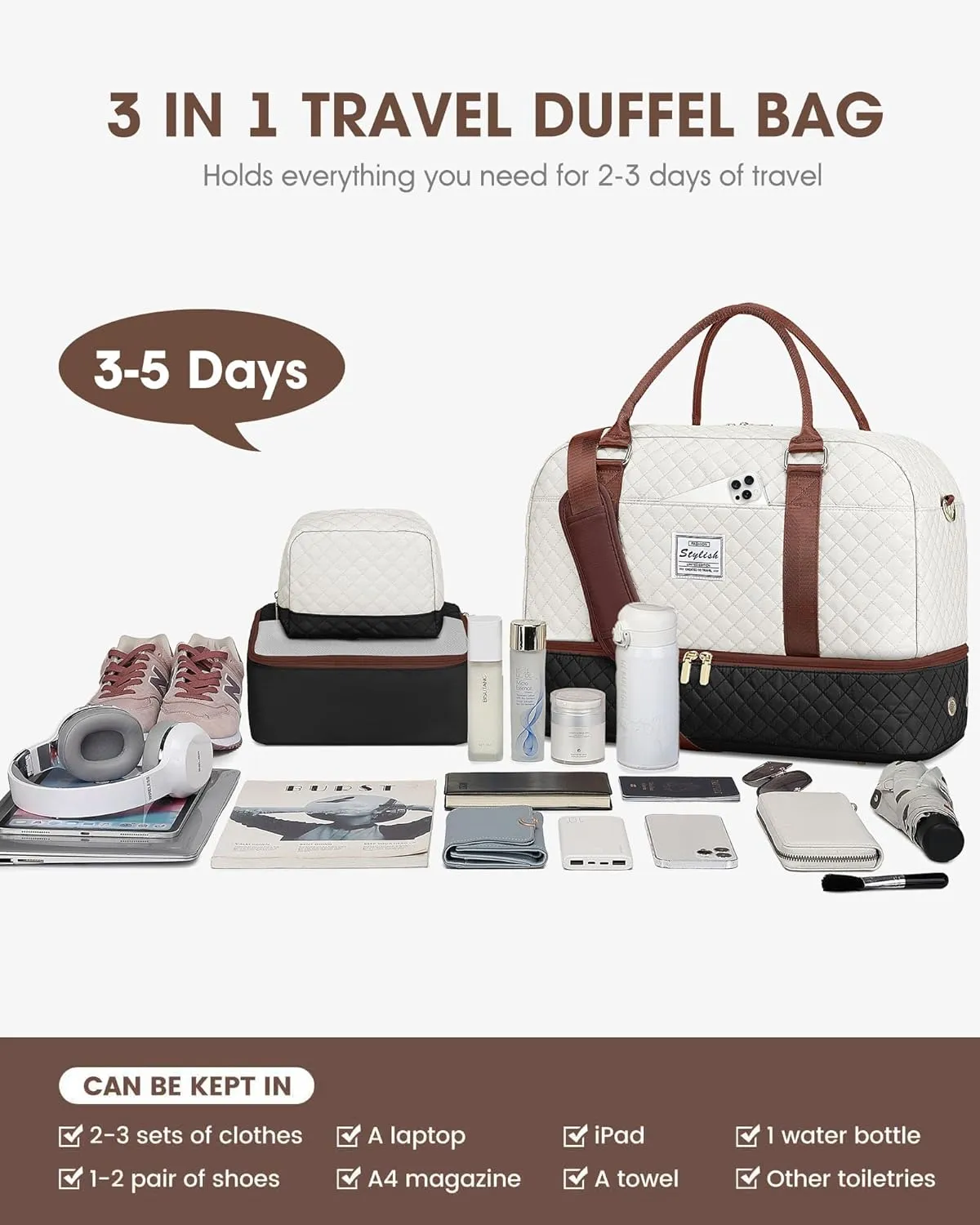 Travel Duffle Bags for Women - Overnight Weekender Bags With Toiletry Bag Carry On Duffel Bags with Shoe Compartment Hospital Bag with Wet Pocket for Labor Delivery Black Brown