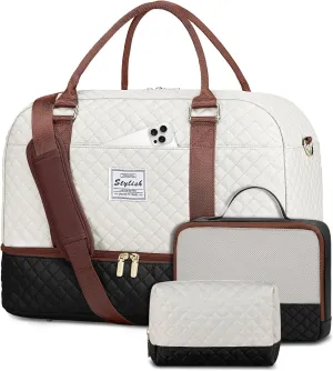 Travel Duffle Bags for Women - Overnight Weekender Bags With Toiletry Bag Carry On Duffel Bags with Shoe Compartment Hospital Bag with Wet Pocket for Labor Delivery Black Brown