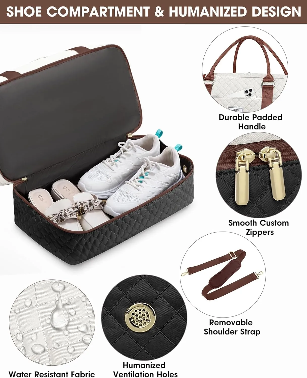 Travel Duffle Bags for Women - Overnight Weekender Bags With Toiletry Bag Carry On Duffel Bags with Shoe Compartment Hospital Bag with Wet Pocket for Labor Delivery Black Brown