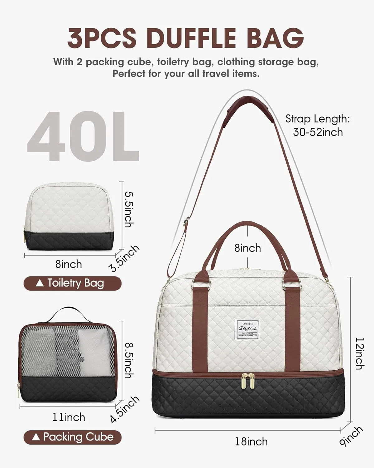 Travel Duffle Bags for Women - Overnight Weekender Bags With Toiletry Bag Carry On Duffel Bags with Shoe Compartment Hospital Bag with Wet Pocket for Labor Delivery Black Brown