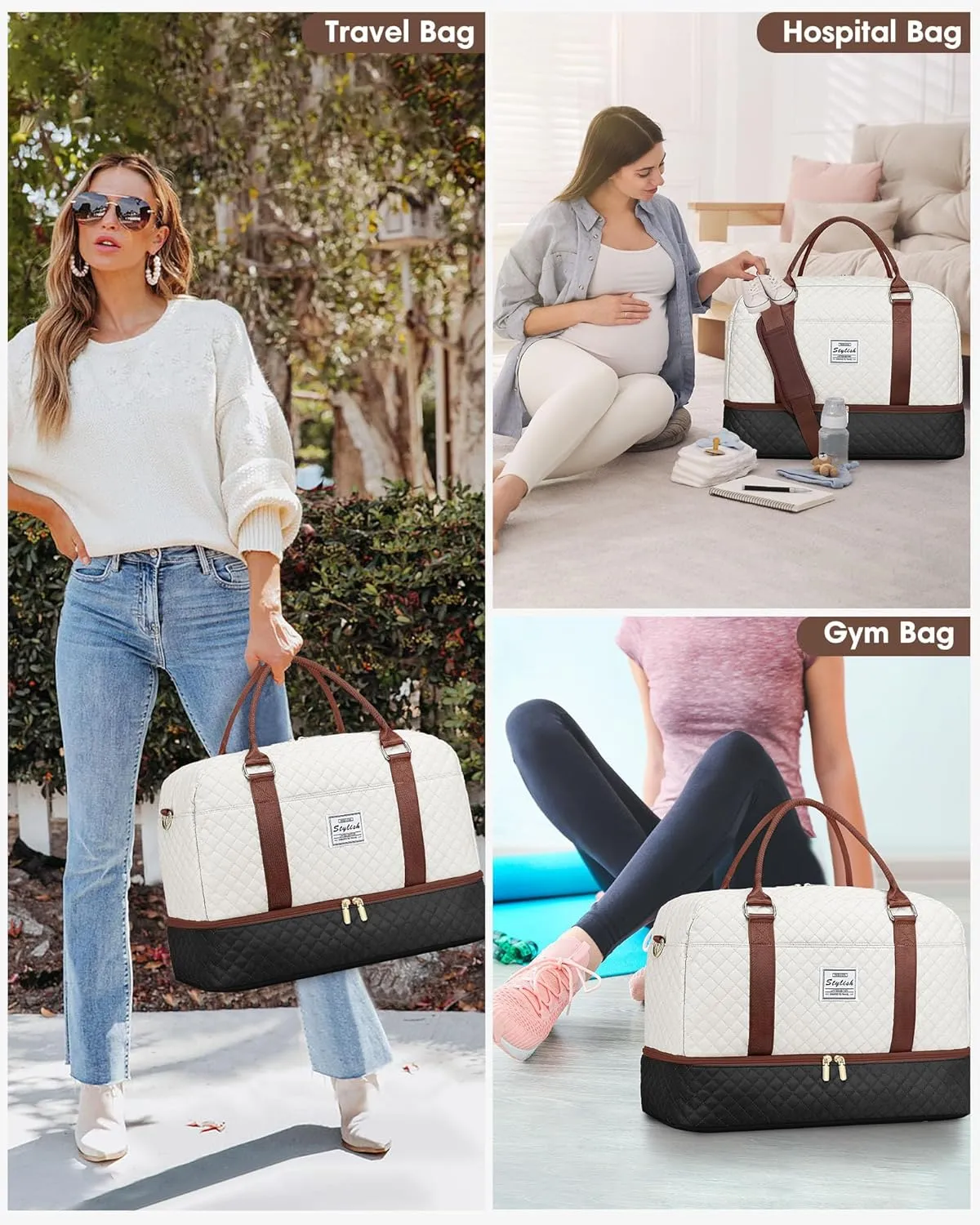 Travel Duffle Bags for Women - Overnight Weekender Bags With Toiletry Bag Carry On Duffel Bags with Shoe Compartment Hospital Bag with Wet Pocket for Labor Delivery Black Brown