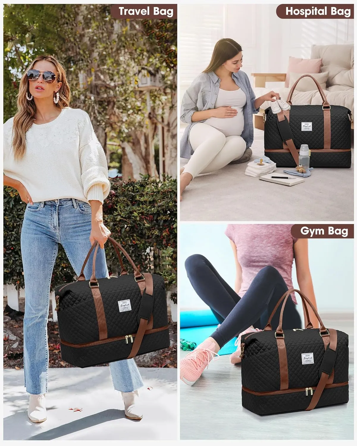 Travel Duffle for Women Weekender Bags - Large Duffel Overnight Bag with Shoe Compartment Carry on Tote Toiletry Weekend Yoga Gym Bags with Wet Pocket Hospital for Labor and Delivery Black Brown