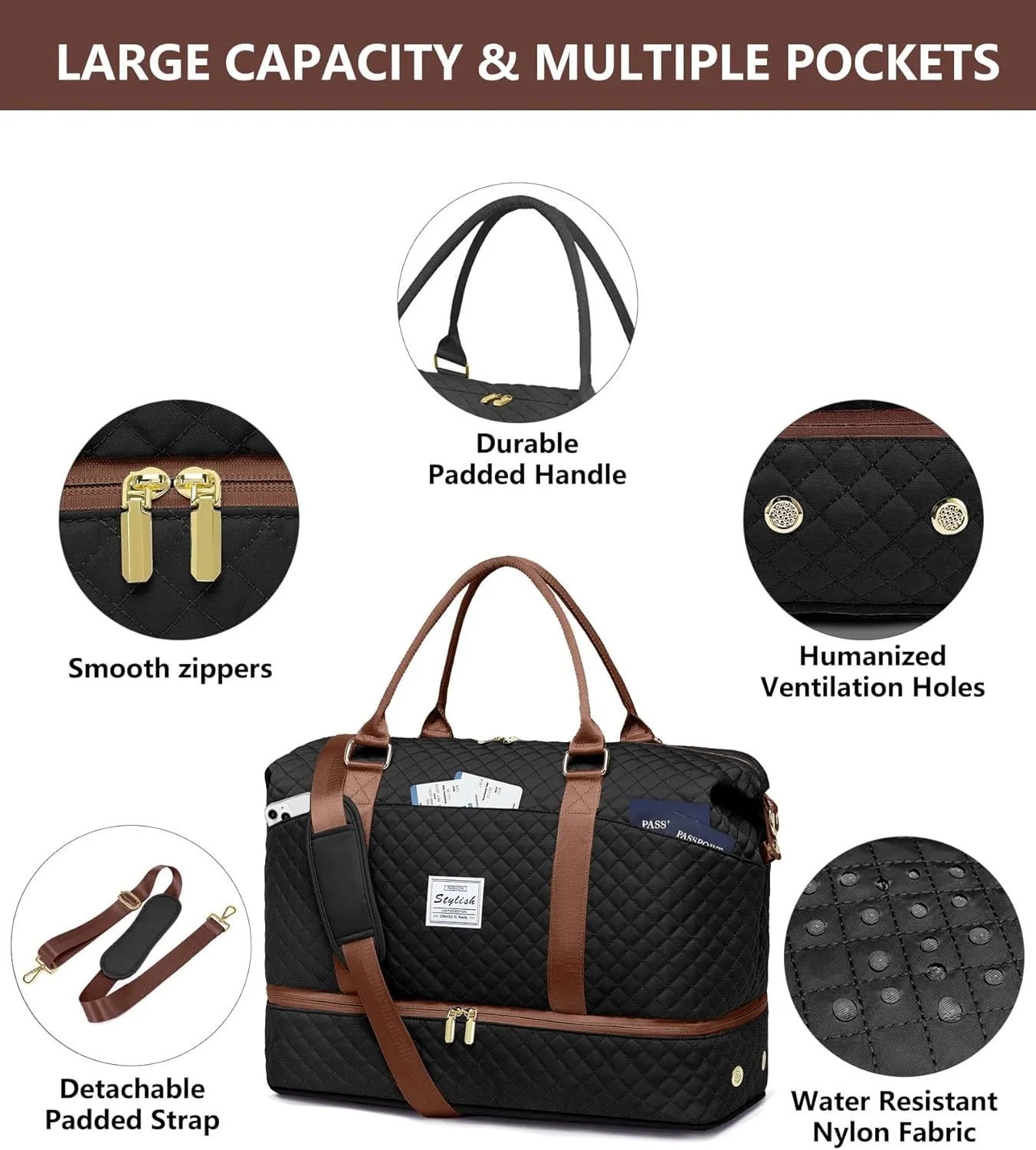 Travel Duffle for Women Weekender Bags - Large Duffel Overnight Bag with Shoe Compartment Carry on Tote Toiletry Weekend Yoga Gym Bags with Wet Pocket Hospital for Labor and Delivery Black Brown