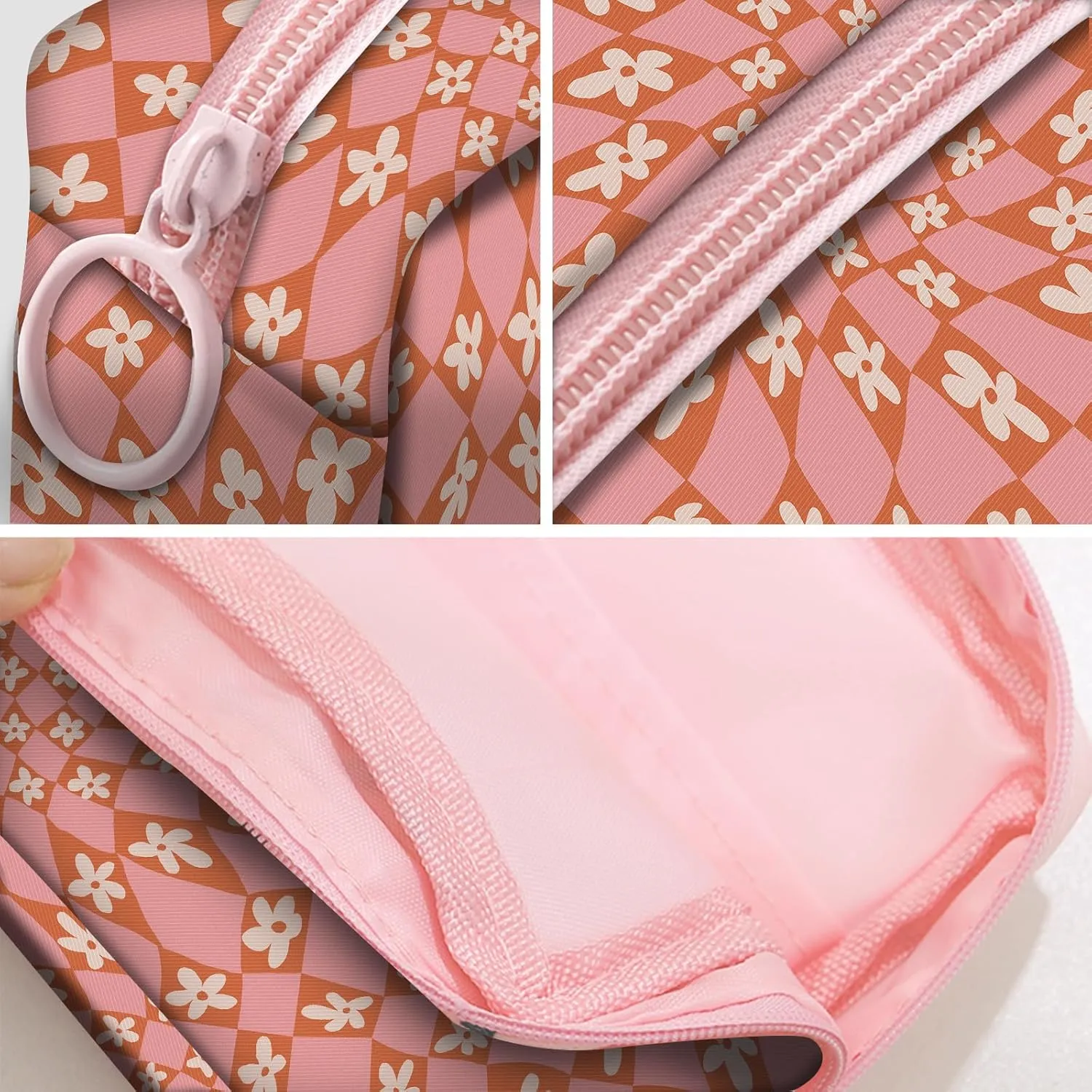 Travel Makeup Bag, Cute Cosmetic Bag Toiletry Bag for Women, Mini Make Up Pouches, Purse Cosmetic Organizer Cute Checkerboard Flowers