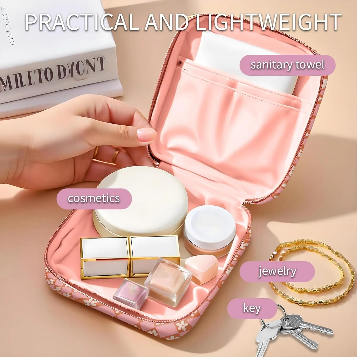 Travel Makeup Bag, Cute Cosmetic Bag Toiletry Bag for Women, Mini Make Up Pouches, Purse Cosmetic Organizer Cute Checkerboard Flowers