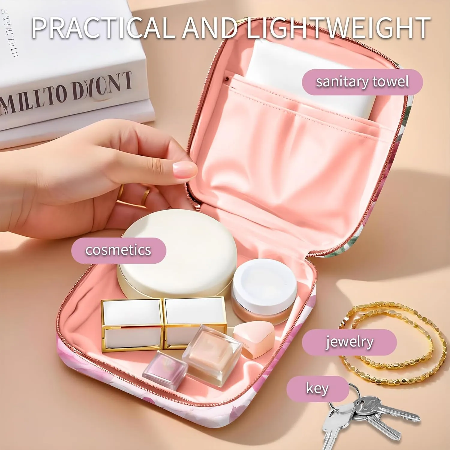 Travel Makeup Bag, Cute Cosmetic Bag Toiletry Bag for Women, Mini Make Up Pouches, Purse Cosmetic Organizer Cute Pink Flowers