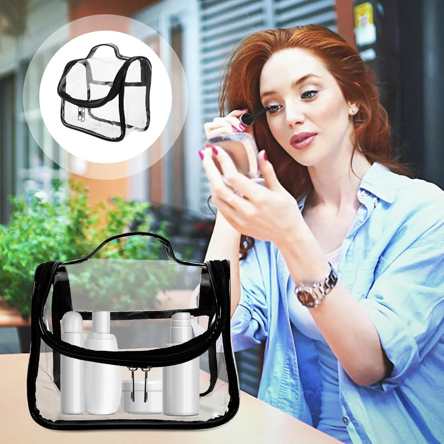 Travel Makeup Bag PVC Cosmetic Bag Transparent Toiletry Bag Waterproof Carrier Bag Organizer for Women Girls Black