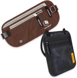 Travel Money Belt and Neck Wallet Bundle - RFID Blocking Technology to Keep your Cash, Credit Cards, Passports and Phone Safe