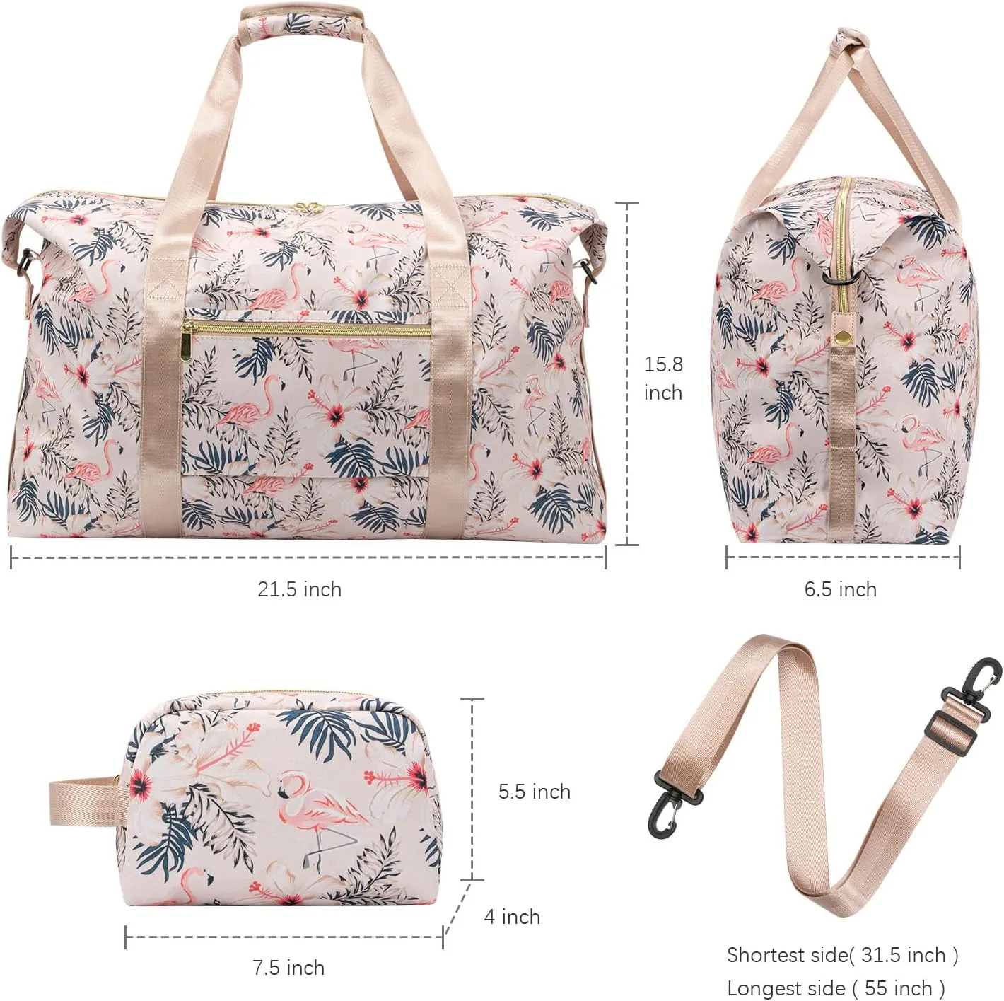 Tuwubi Travel Duffle Bag, Gym Bag for Women, Weekender Bags, 45L Travel Duffel Bags with Small Pouch - Flamingo