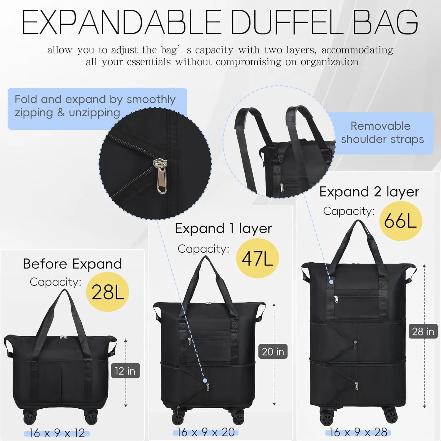 VOOWO Duffel Bag with Wheels - Rolling Foldable Expandable Duffle Bag with Wheels for Travel, Rolling Luggage Bag Carry On Travel Bag with Wheels, Large Wheeled Overnight Weekender Bag (Black)