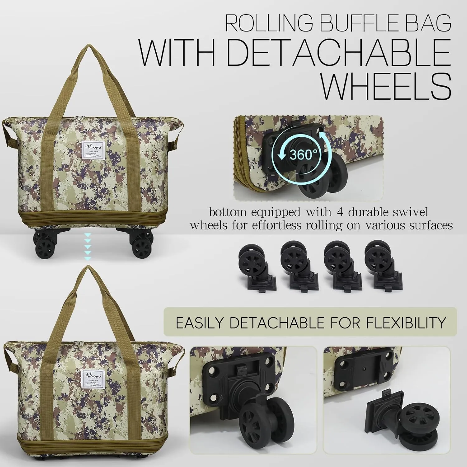 VOOWO Duffel Bag with Wheels - Rolling Foldable Expandable Duffle Bag with Wheels for Travel, Rolling Luggage Carry On Bag with Wheels, Large Rolling Backpack Weekend Bags for Men Women (Camouflage)