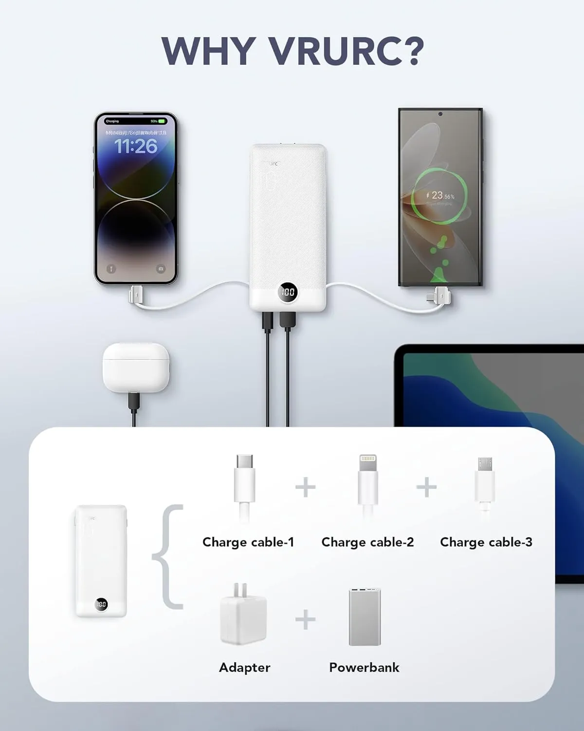 VRURC Portable Charger Built-in Cables and AC Wall Plug, USB C Power Bank 10000mAh, Travel Essentials Phone Charger Compact Lightweight External Battery Pack for Smart Phones, Tablets etc-White
