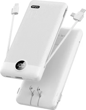 VRURC Portable Charger Built-in Cables and AC Wall Plug, USB C Power Bank 10000mAh, Travel Essentials Phone Charger Compact Lightweight External Battery Pack for Smart Phones, Tablets etc-White