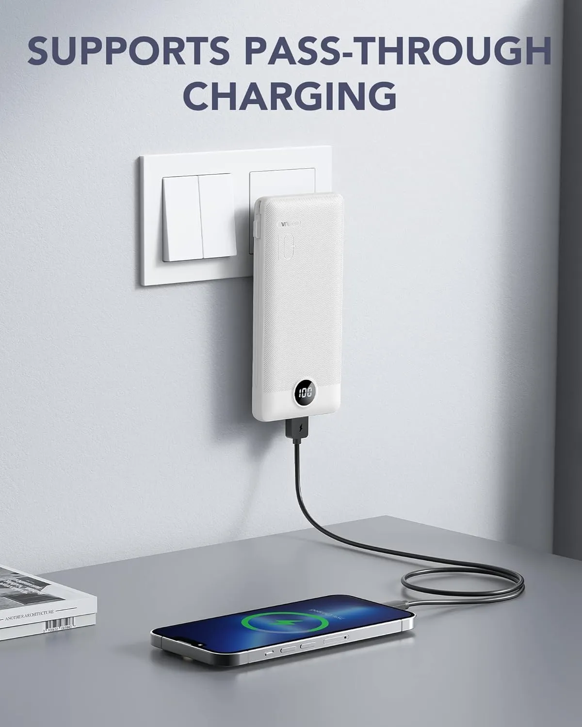 VRURC Portable Charger Built-in Cables and AC Wall Plug, USB C Power Bank 10000mAh, Travel Essentials Phone Charger Compact Lightweight External Battery Pack for Smart Phones, Tablets etc-White