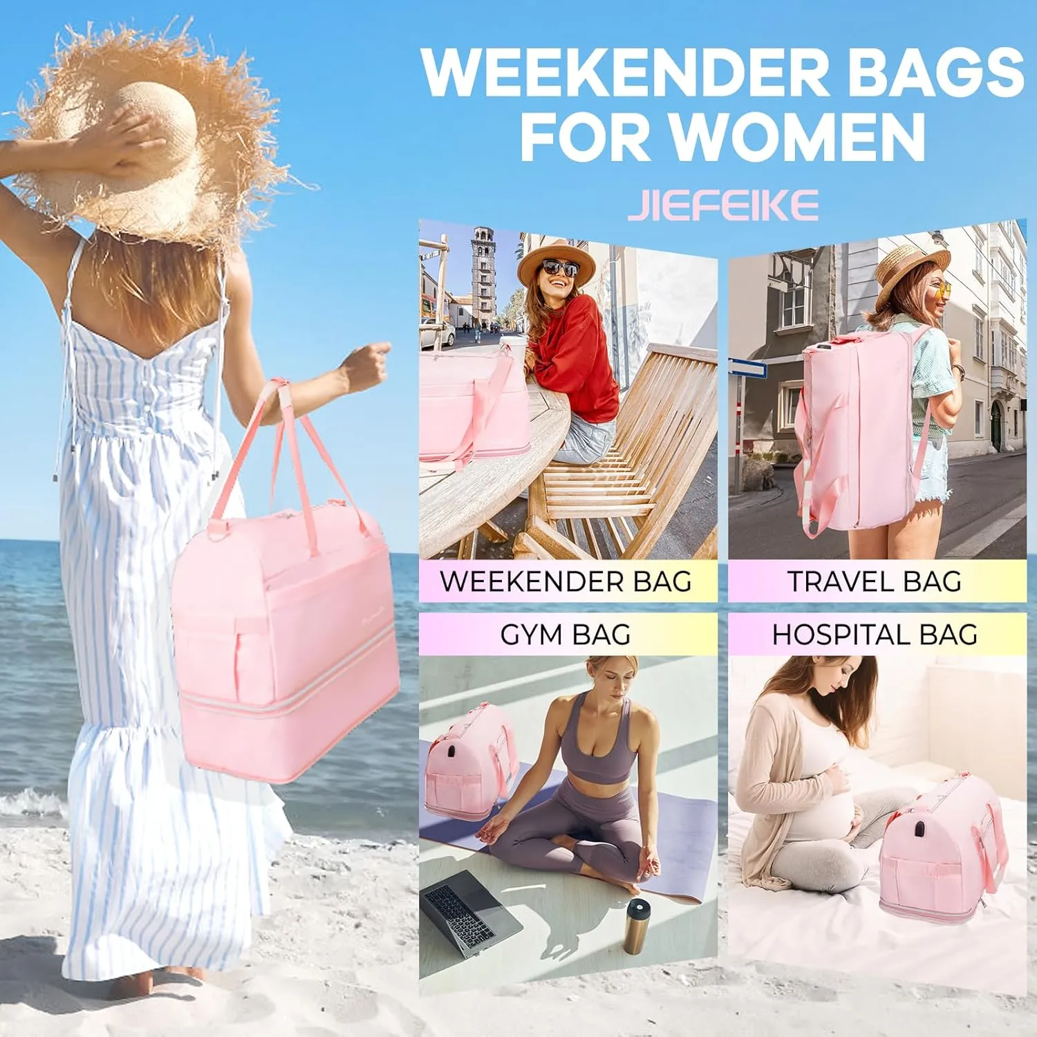 Weekender Bags for Women,Extra large 66L Expandable Travel Duffel Bag with Shoe Compartment,Overnight Bag with USB Charging, Waterproof Pocket,Carry On Backpack for Gym,Hospital,Beach