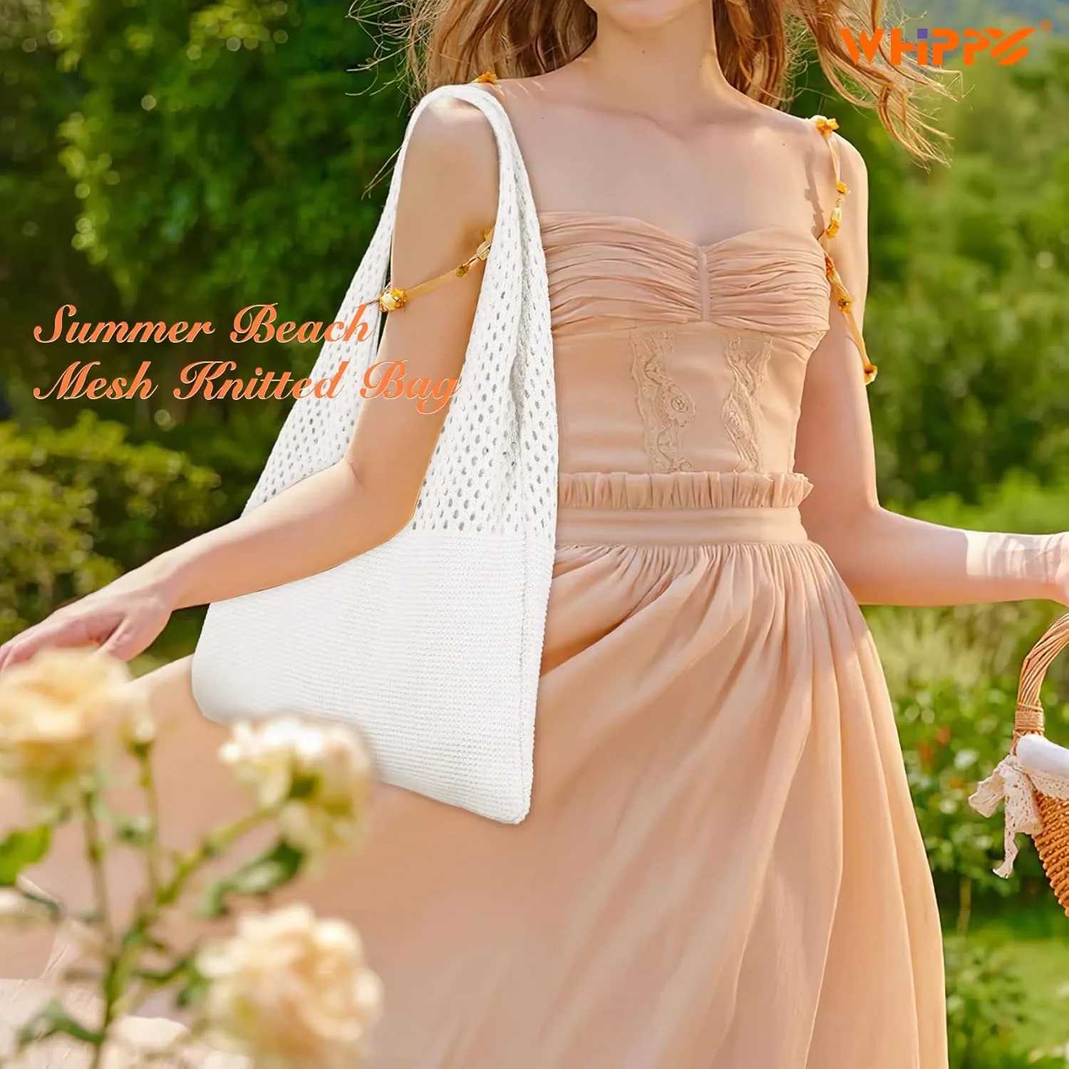 WHIPPY Crochet Tote Bag for Women Cute Crochet Mesh Beach Tote Summer Vacation Aesthetic Boho Knit Bag for Women Shoulder
