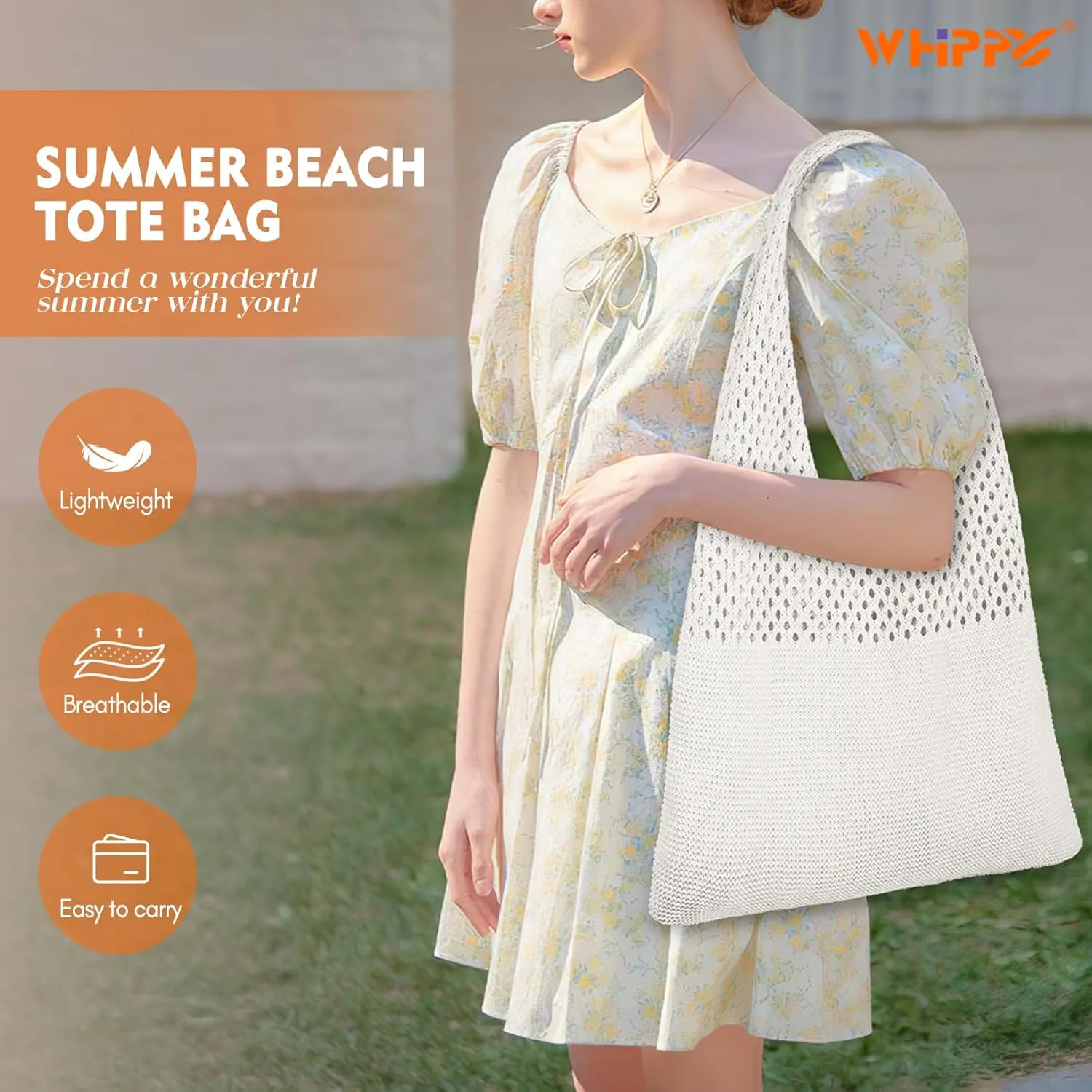 WHIPPY Crochet Tote Bag for Women Cute Crochet Mesh Beach Tote Summer Vacation Aesthetic Boho Knit Bag for Women Shoulder