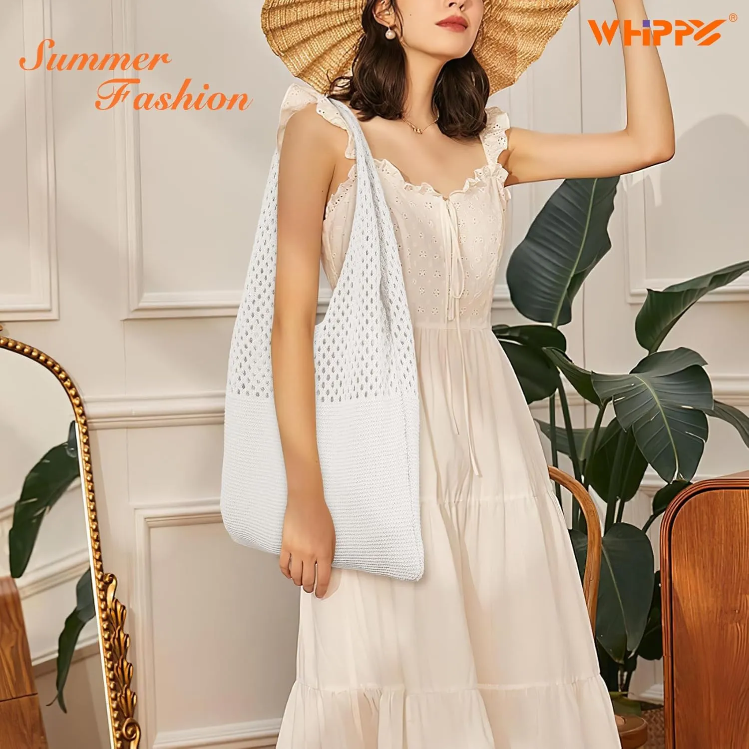 WHIPPY Crochet Tote Bag for Women Cute Crochet Mesh Beach Tote Summer Vacation Aesthetic Boho Knit Bag for Women Shoulder
