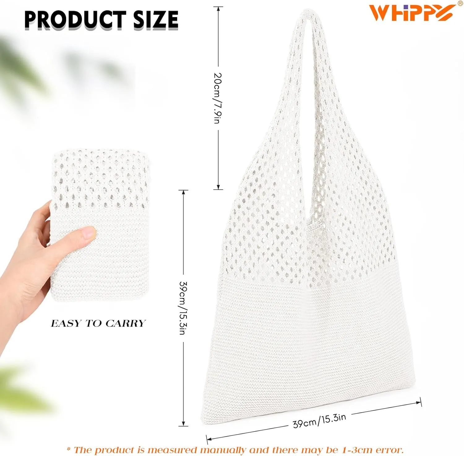 WHIPPY Crochet Tote Bag for Women Cute Crochet Mesh Beach Tote Summer Vacation Aesthetic Boho Knit Bag for Women Shoulder