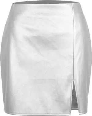 Women Faux Leather Skirt Metallic Shiny High Waisted Slit Bodycon Party Mini Skirts PU Leather Short Skirts Clubwear